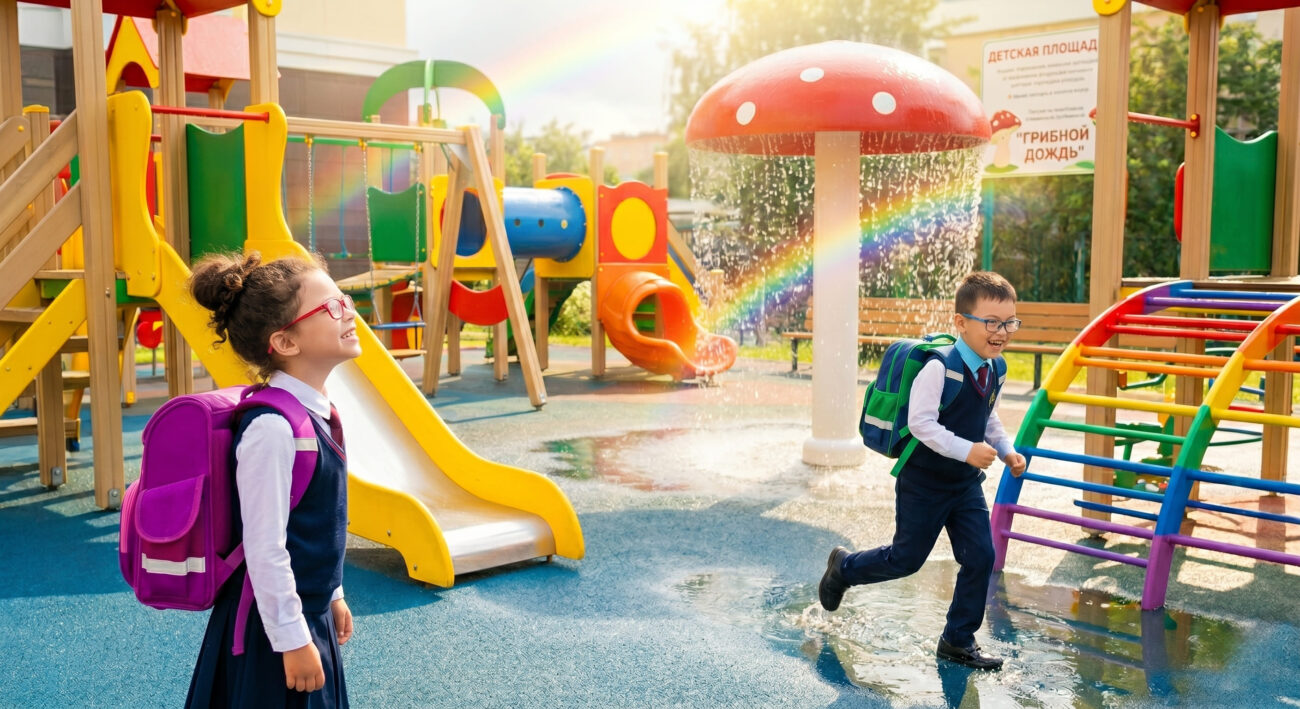 Дети играют на площадке, на них очки для коррекции зрения