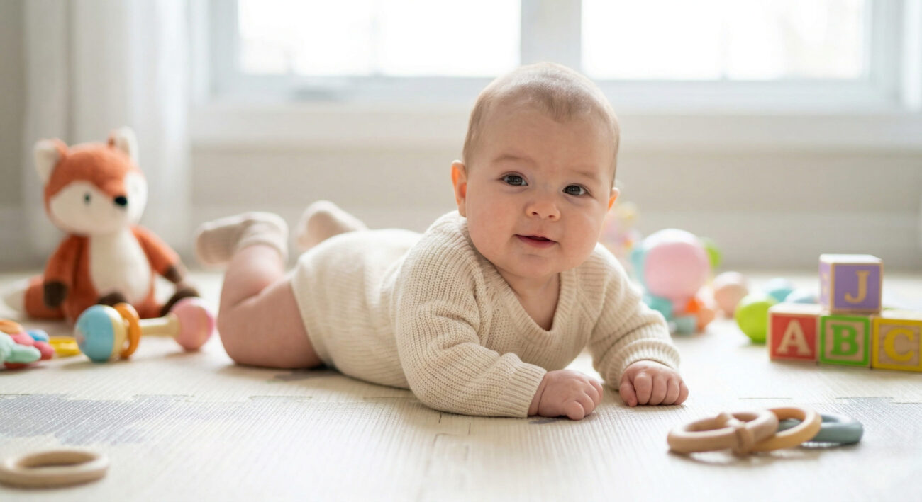 Младенец лежит на животе на игровом развивающем коврике в окружении размытых игрушек.