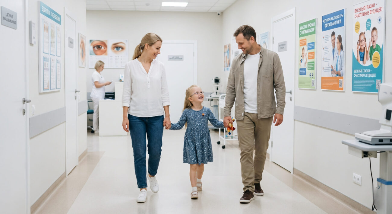 Ребенок с родителями в медицинском коридоре офтальмологической клиники, счастливая семья.