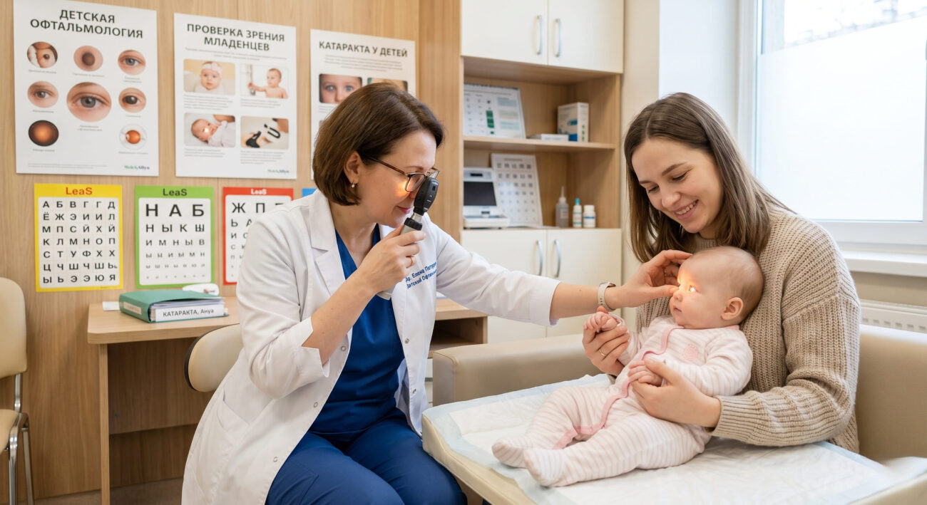 Врач осматривает глаза младенца офтальмоскопом на приеме.