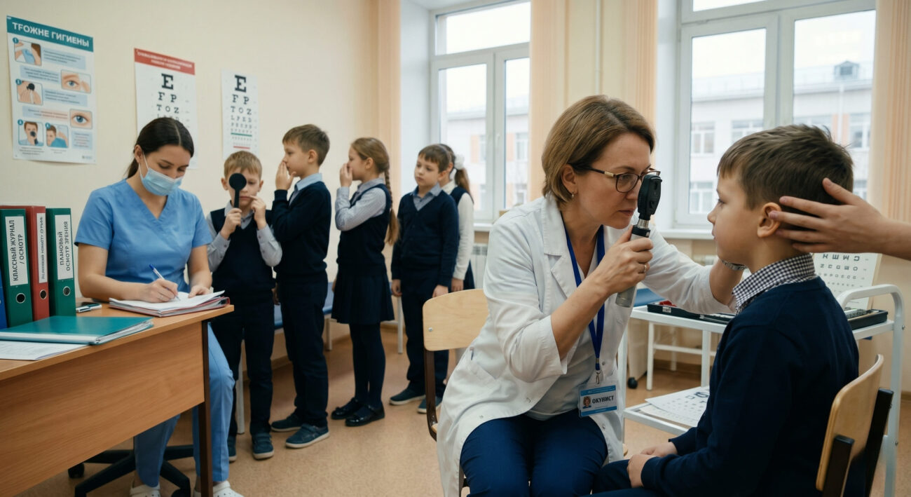Женщина-офтальмолог в белом халате проводит плановый осмотр глаз школьника с помощью офтальмоскопа, пока класс ждет очереди
