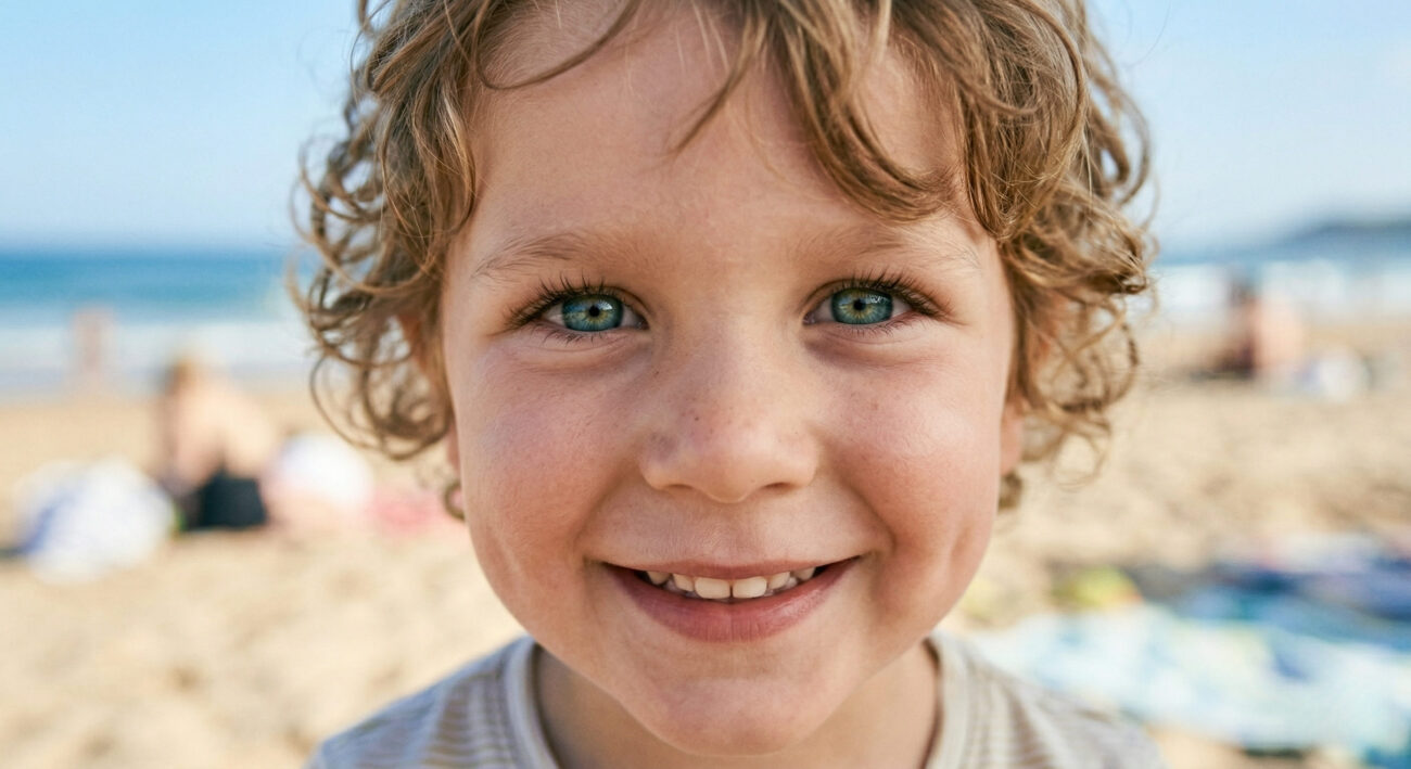 Крупный план улыбающегося лица ребенка с красивыми открытыми глазами и кудрявыми волосами на фоне моря.
