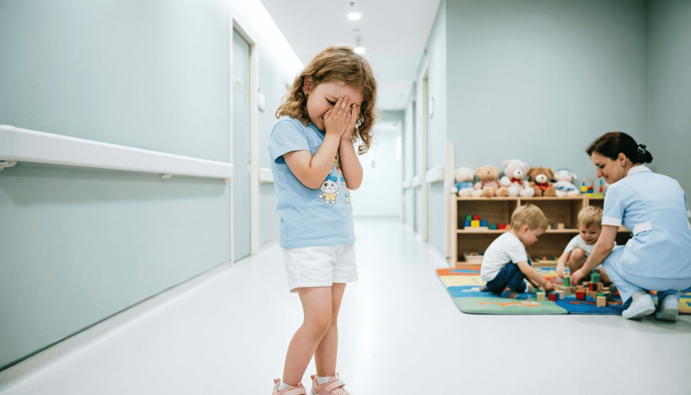 Девочка 5-7 лет прикрывает глаза руками в медицинском коридоре на фоне детского уголка. Стеснение ребенка перед лечением халязиона.