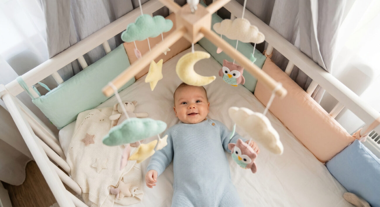Вид сверху на улыбающегося младенца в кроватке через подвешенный детский мобиль с пастельными войлочными игрушками (облака, луна, совы). Младенец смотрит прямо вверх.