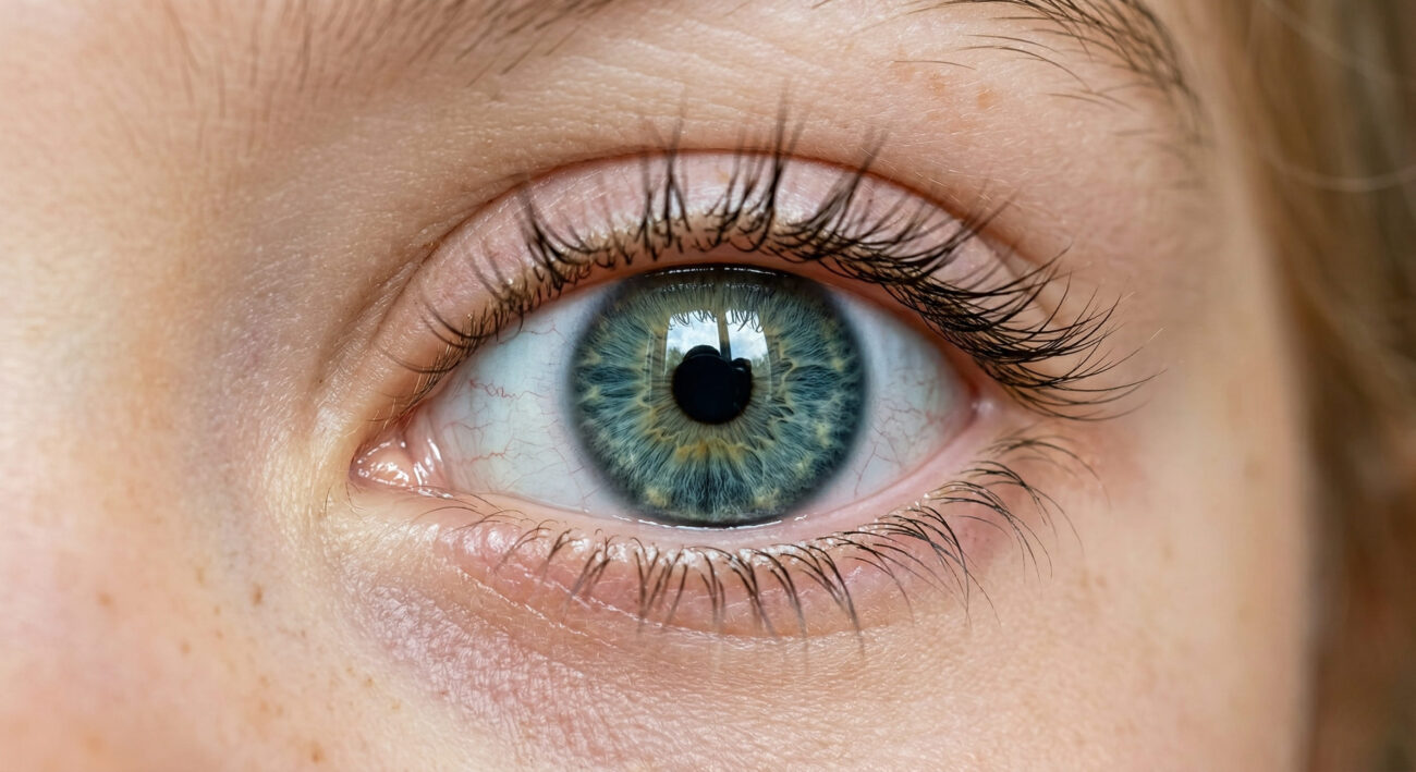 Гиперреалистичный макроснимок радужной оболочки и зрачка глаза ребенка с детальной текстурой.