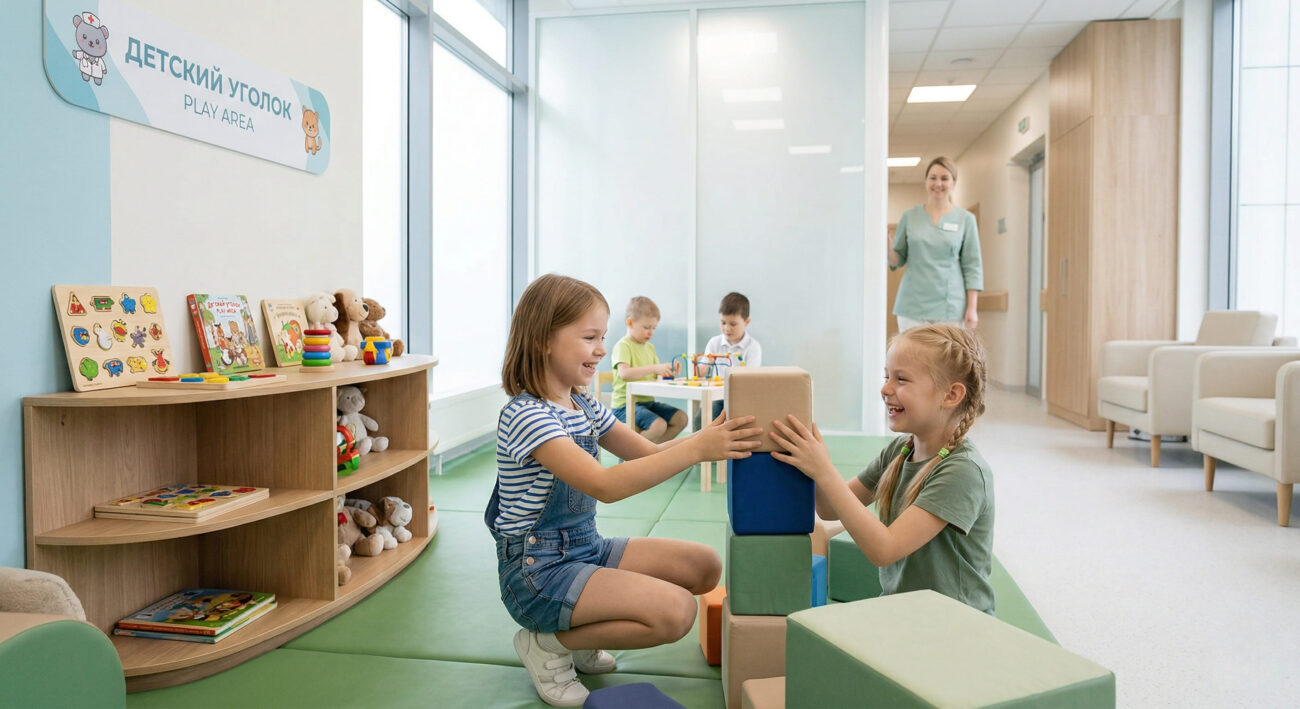 Дети играют в уютном игровом уголке клиники перед приемом офтальмолога по вопросу лечения халязиона.