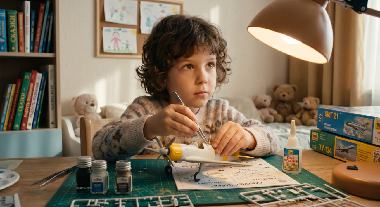 Школьник в очках для коррекции зрения сосредоточенно собирает модель за письменным столом.