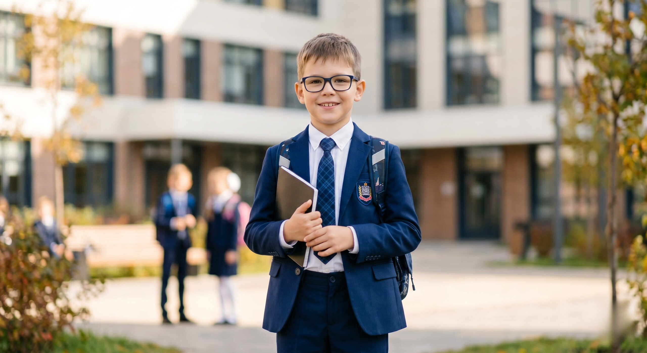 Мальчик в современной школьной форме РФ, в стильных темных очках, улыбается и держит учебник в школьном дворе
