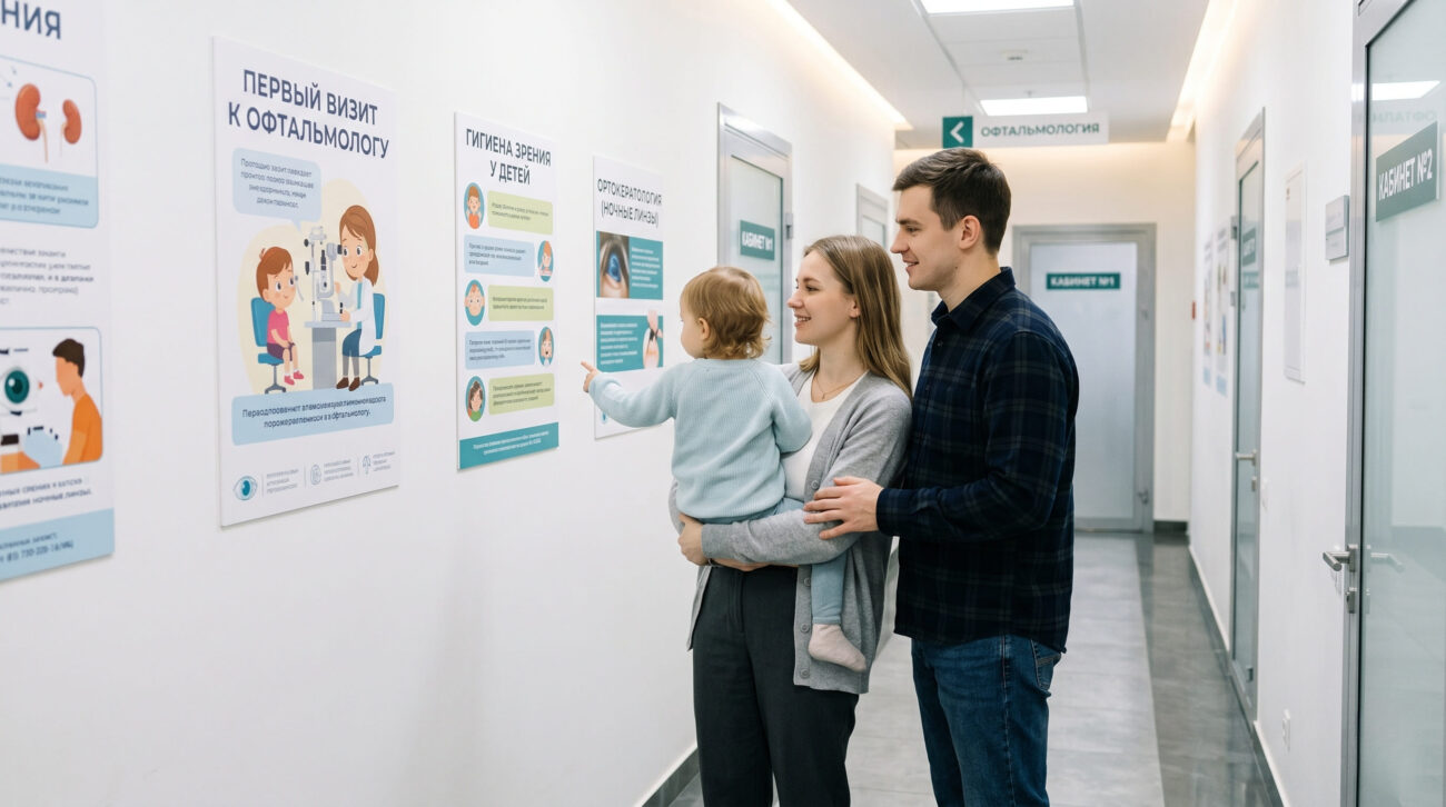 Молодая семья (папа, мама, ребенок) в чистом медицинском коридоре офтальмологической клиники, изучающая плакаты о здоровье глаз. Ребенок указывает на информацию.