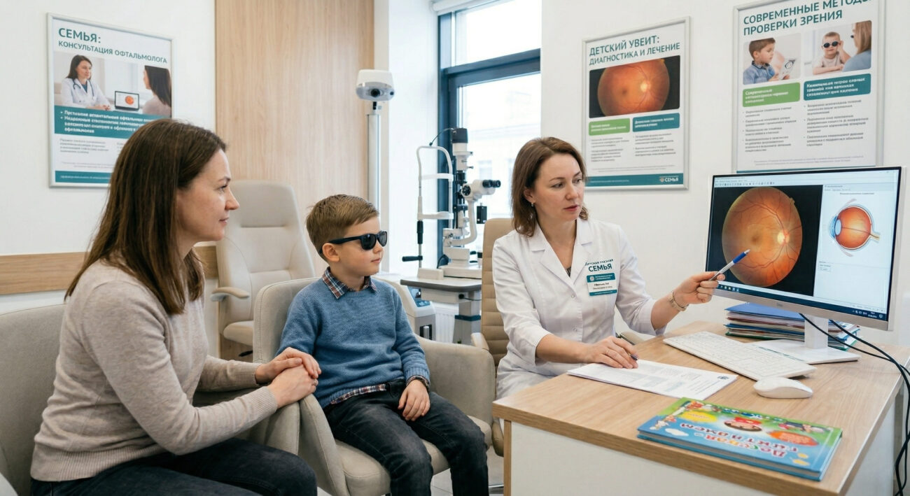 Врач-офтальмолог консультирует мать и мальчика в темных очках, показывая изображение глазного дна на мониторе компьютера.