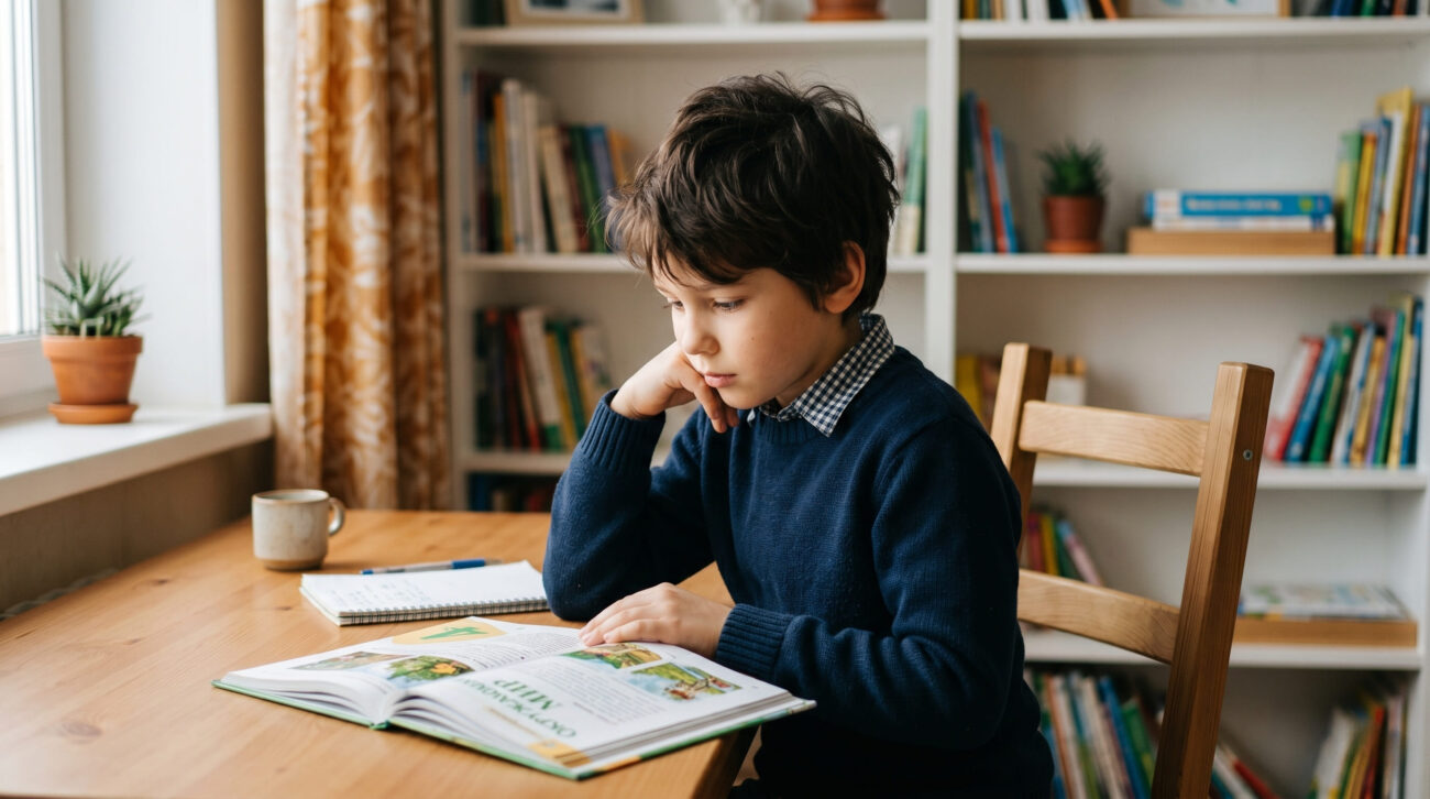 Школьник младших классов в очках внимательно читает учебник за деревянным столом в уютной комнате.