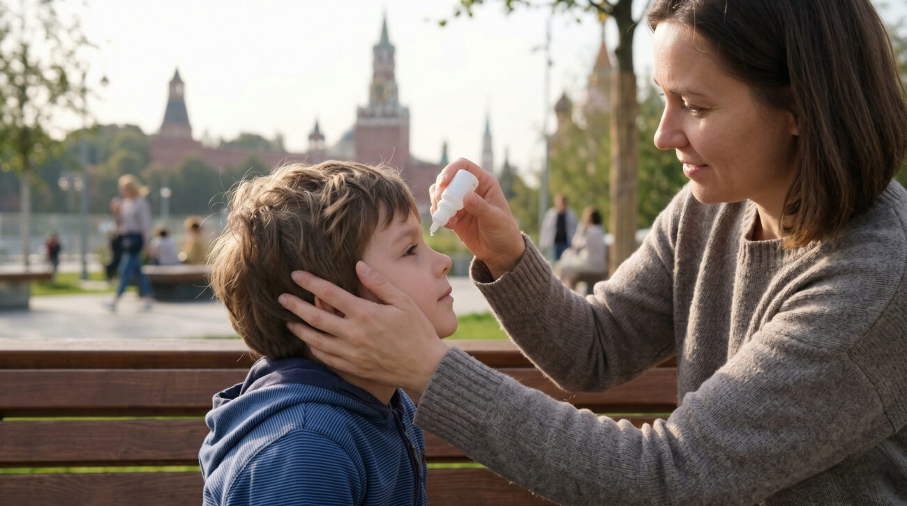 Мать закапывает глазные капли в глаз сыну на скамейке в парке на фоне Кремля.