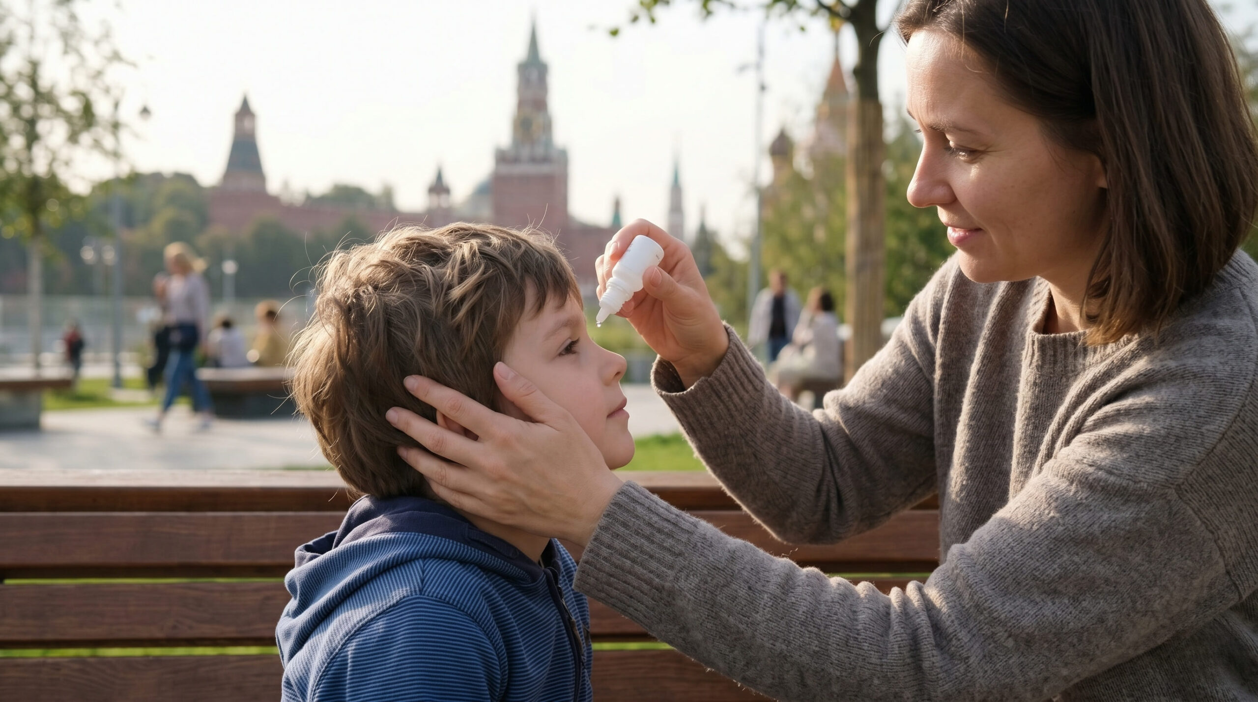 Мать закапывает глазные капли в глаз сыну на скамейке в парке на фоне Кремля.