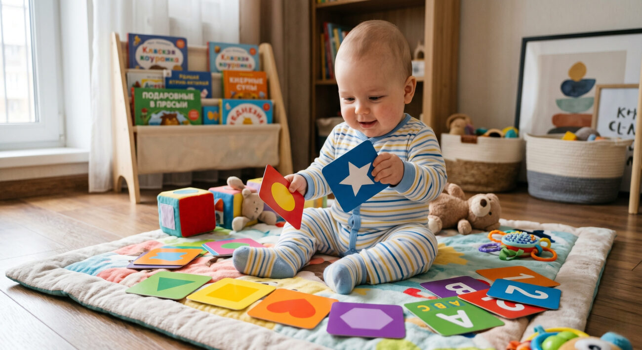 Младенец в детской комнате играет с обучающими карточками.