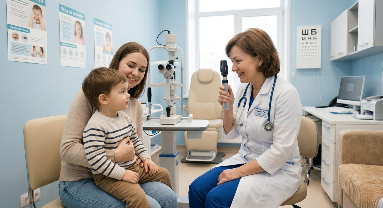 Прием детского офтальмолога: осмотр ребенка 2-3 лет с использованием ручного офтальмоскопа в клинике.