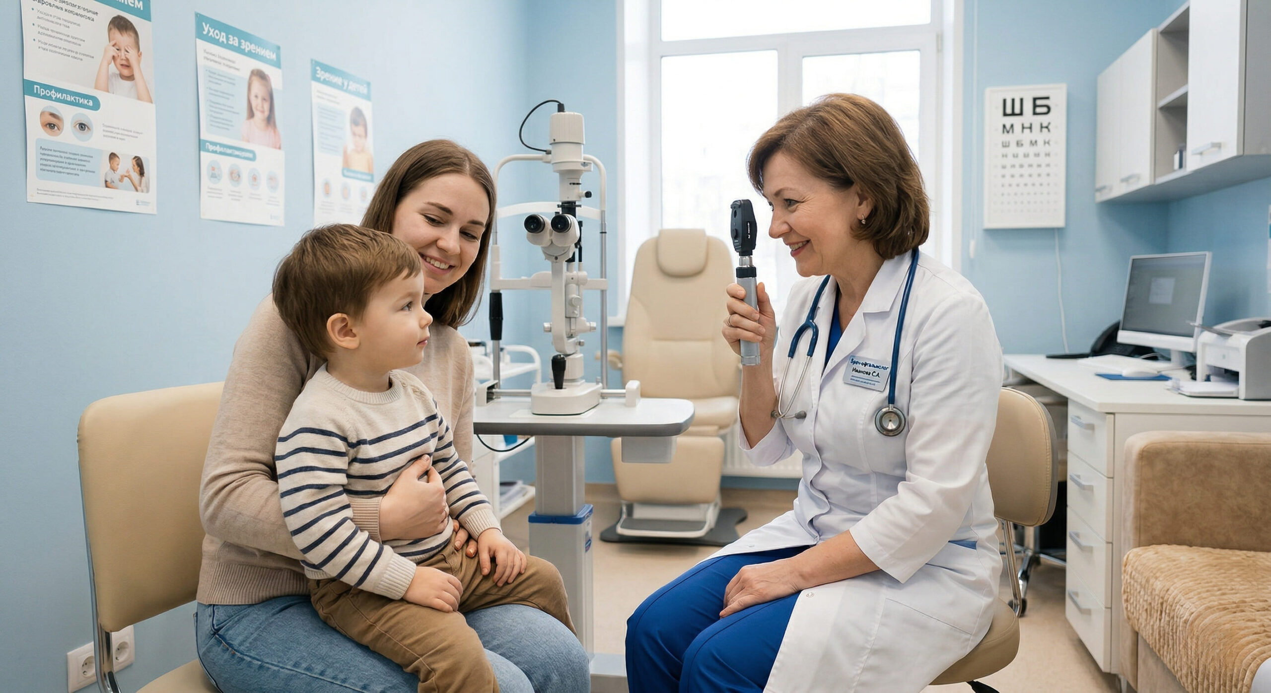 Прием детского офтальмолога: осмотр ребенка 2-3 лет с использованием ручного офтальмоскопа в клинике.
