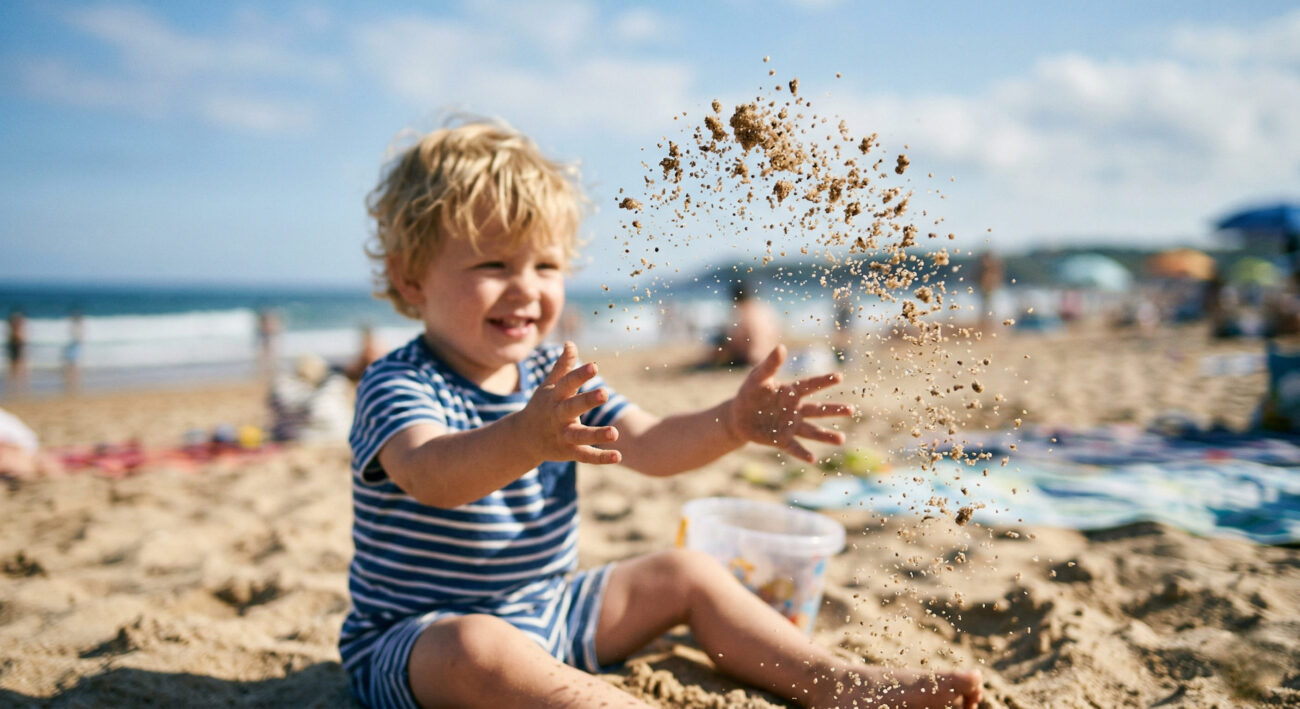 Маленький мальчик весело играет с песком на пляже, подбрасывая его в воздух. Фокус на летящих песчинках, солнечный день.