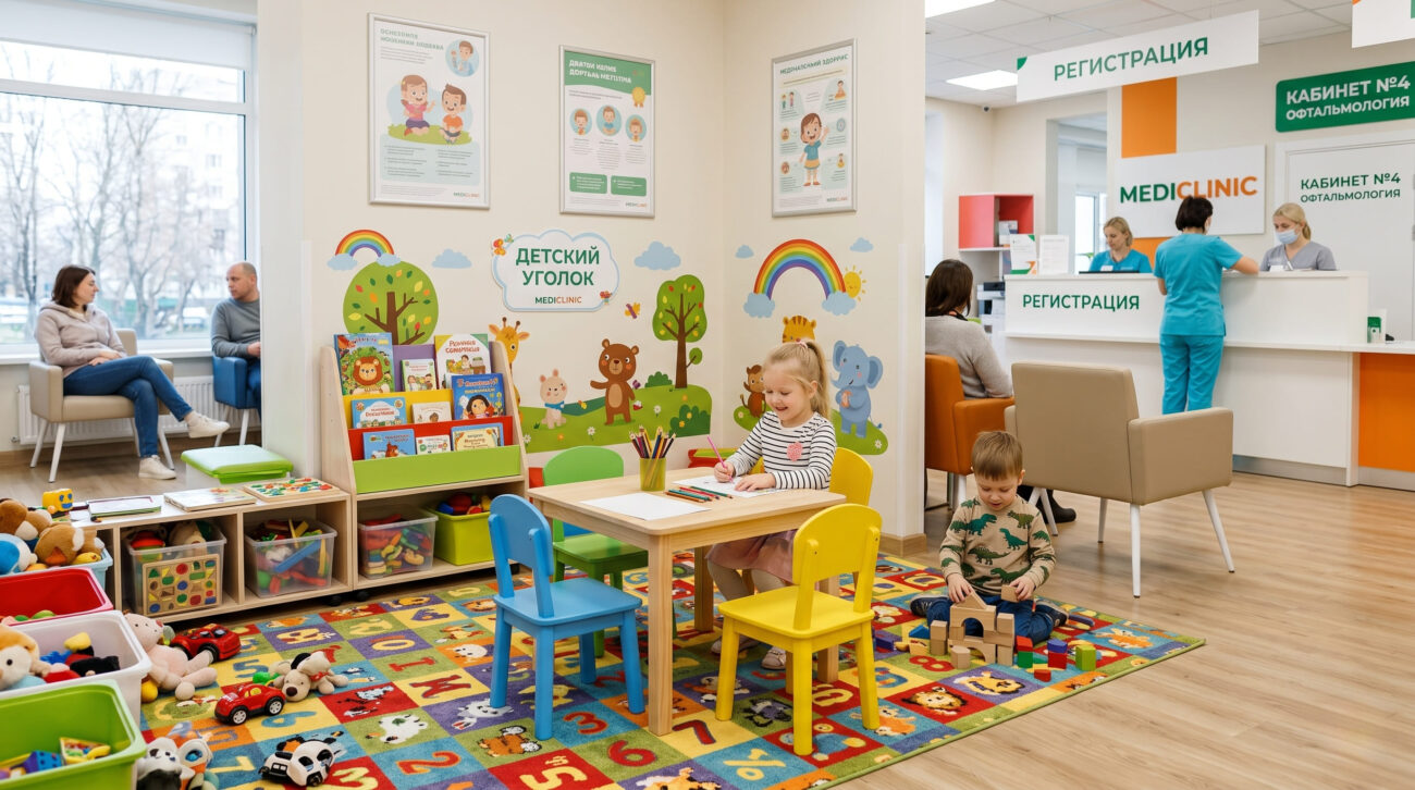 Яркий и уютный детский игровой уголок в приемной медицинского центра с табличками «Регистрация» и «Офтальмология». Дети играют и рисуют в ожидании приема.