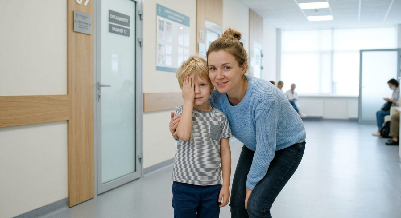 Женщина обнимает мальчика, закрывающего глаз рукой, в медицинском коридоре с табличкой «Офтальмолог».