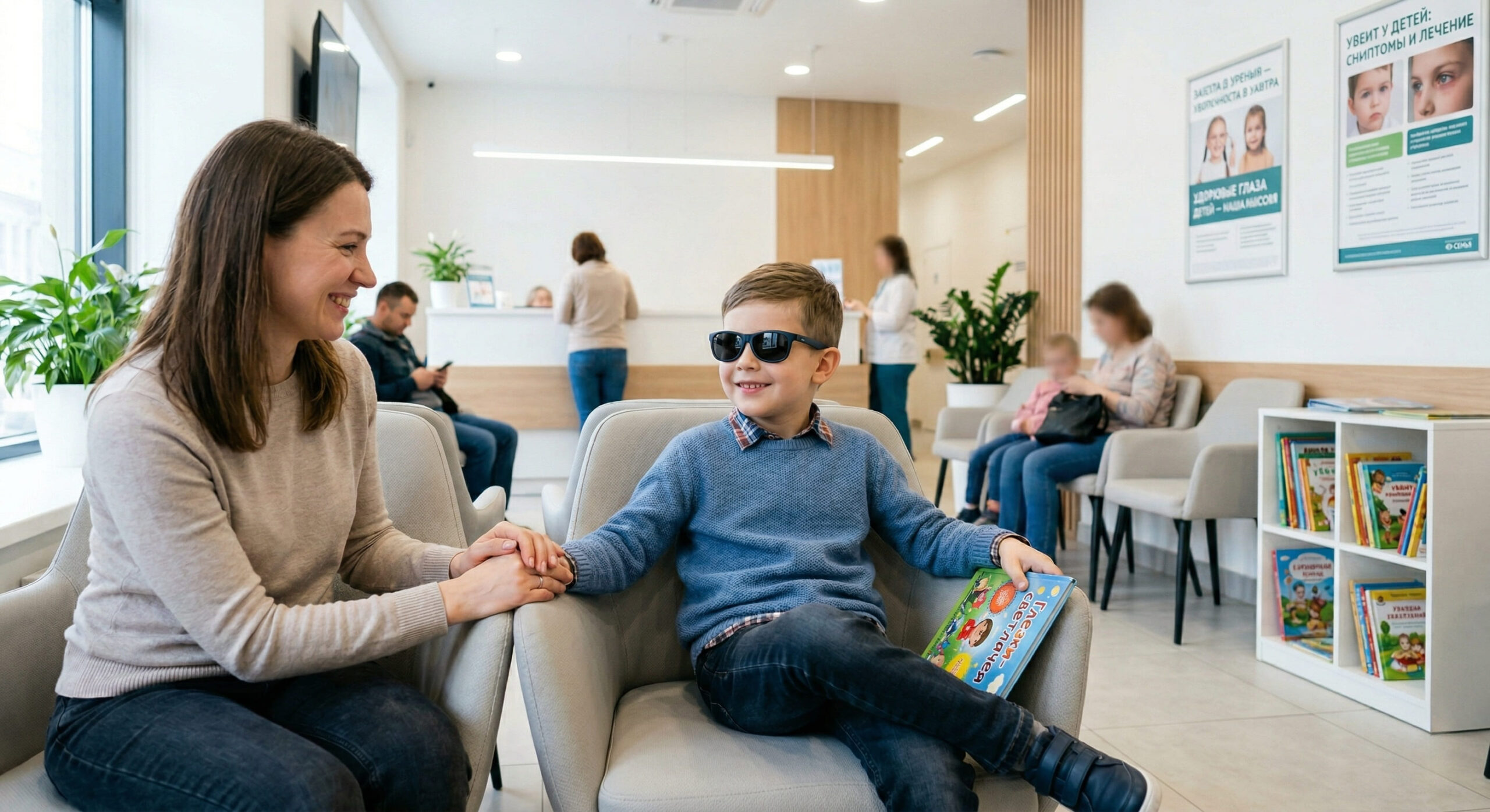 Мать держит за руку мальчика в темных очках в уютной приемной детской глазной клиники, мальчик держит книгу.