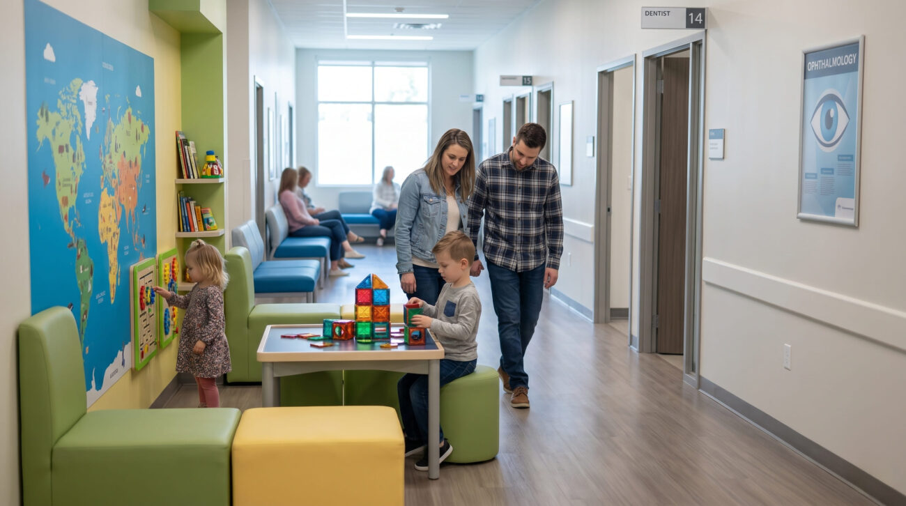 Врач офтальмолог консультирует родителей и ребенка по вопросам профилактики близорукости.