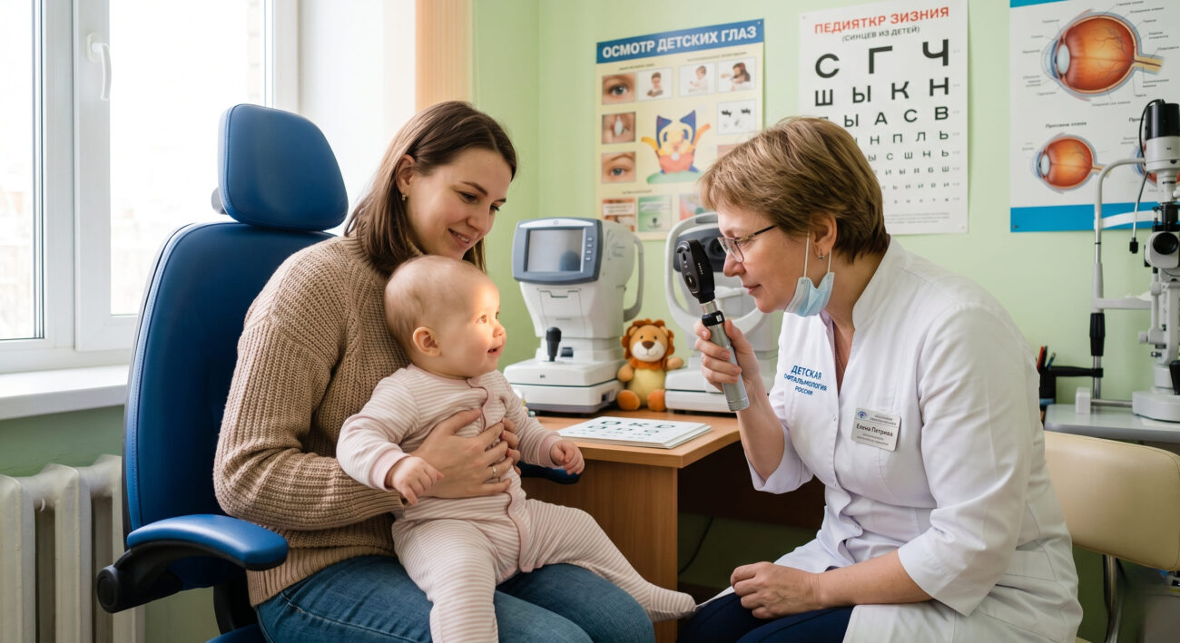 Женщина-офтальмолог в маске использует ручной офтальмоскоп для осмотра глаза младенца, которого держит на коленях улыбающаяся мать. Сзади висит детская таблица Sivtsev и плакаты по офтальмологии.