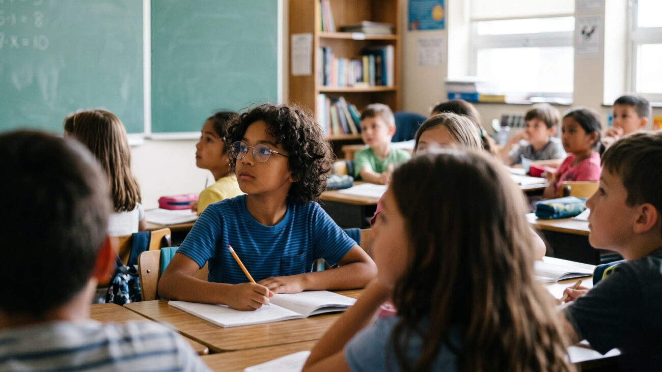 Ребенок 7-12 лет в первом ряду класса в очках, внимательный урок.