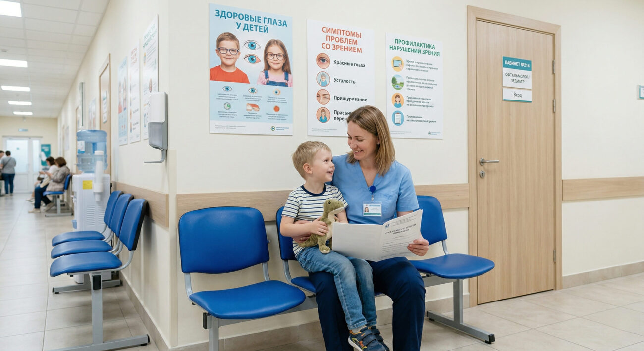 Мать и маленький сын сидят в светлом коридоре детской офтальмологической клиники перед приемом врача. На заднем плане видны плакаты о здоровье глаз.