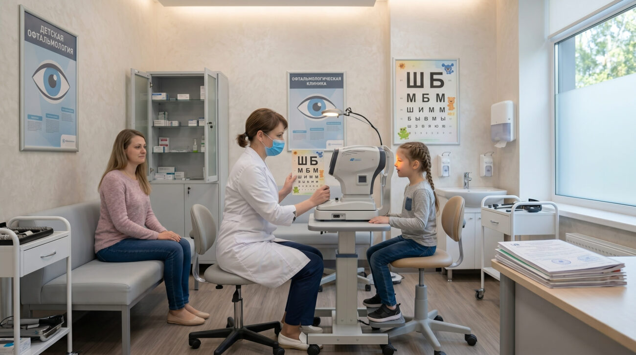 Детский офтальмолог проверяет зрение девочке на современном оборудовании в кабинете.