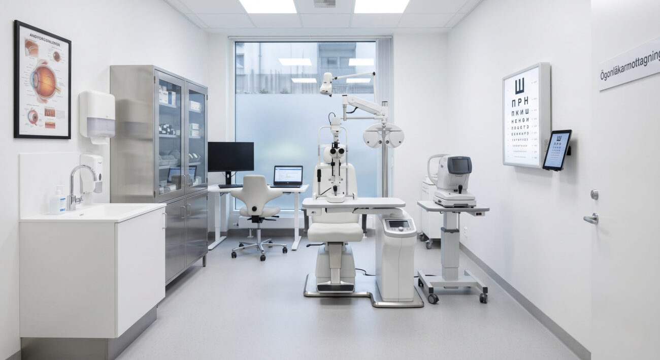 Современный медицинский кабинет офтальмолога с профессиональным диагностическим оборудованием.