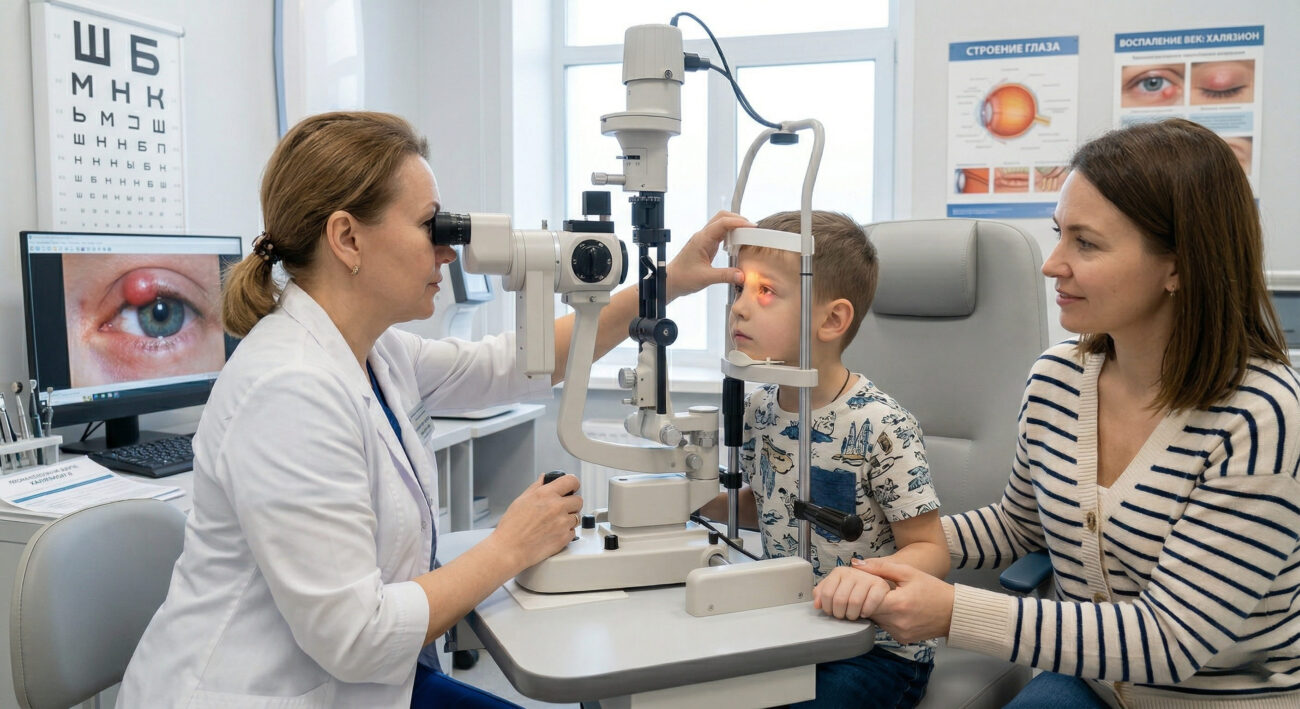 Офтальмолог внимательно осматривает припухлость на верхнем веке юного пациента. На мониторе компьютера виден макроснимок воспаленного глаза.