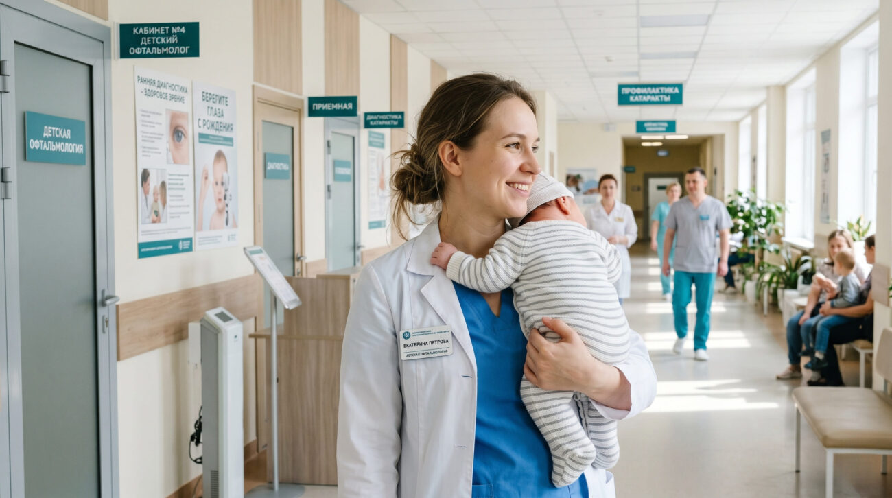 Детский офтальмолог держит младенца в клинике.