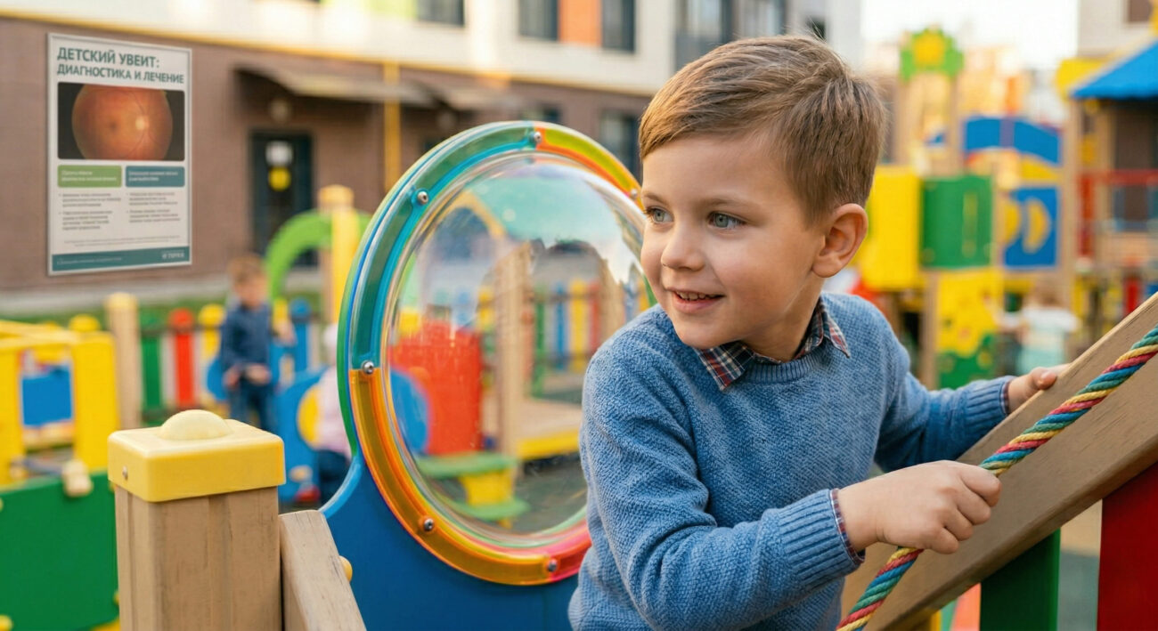 Мальчик в синем свитере на детской площадке смотрит в большую физическую сферическую линзу игрового оборудования.