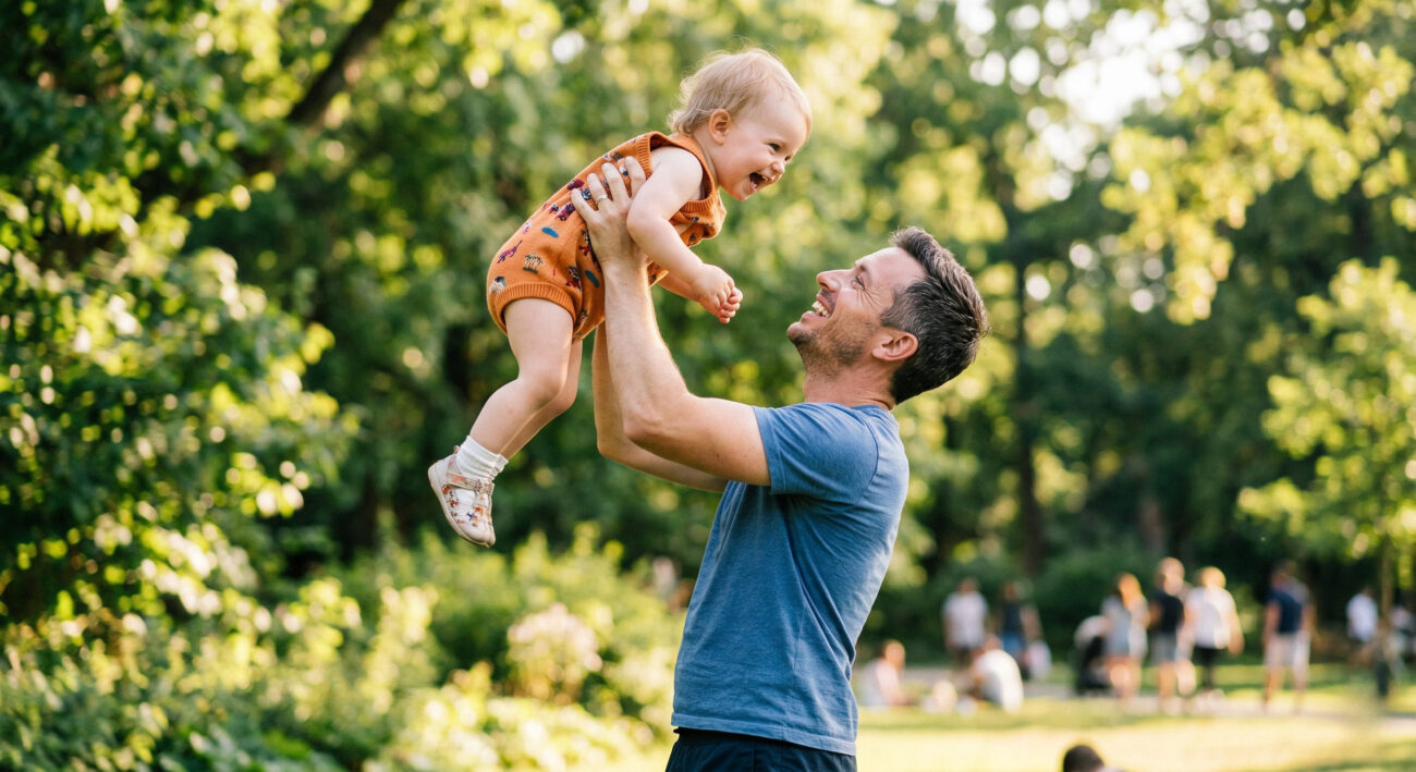 Счастливый отец держит маленького ребенка на вытянутых руках в парке на фоне заката