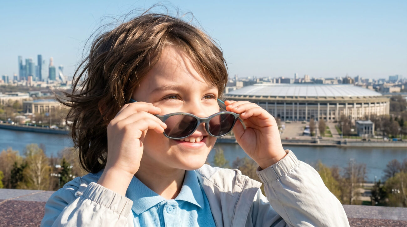 Мальчик улыбается и надевает солнцезащитные очки на смотровой площадке Воробьевых гор в Москве.