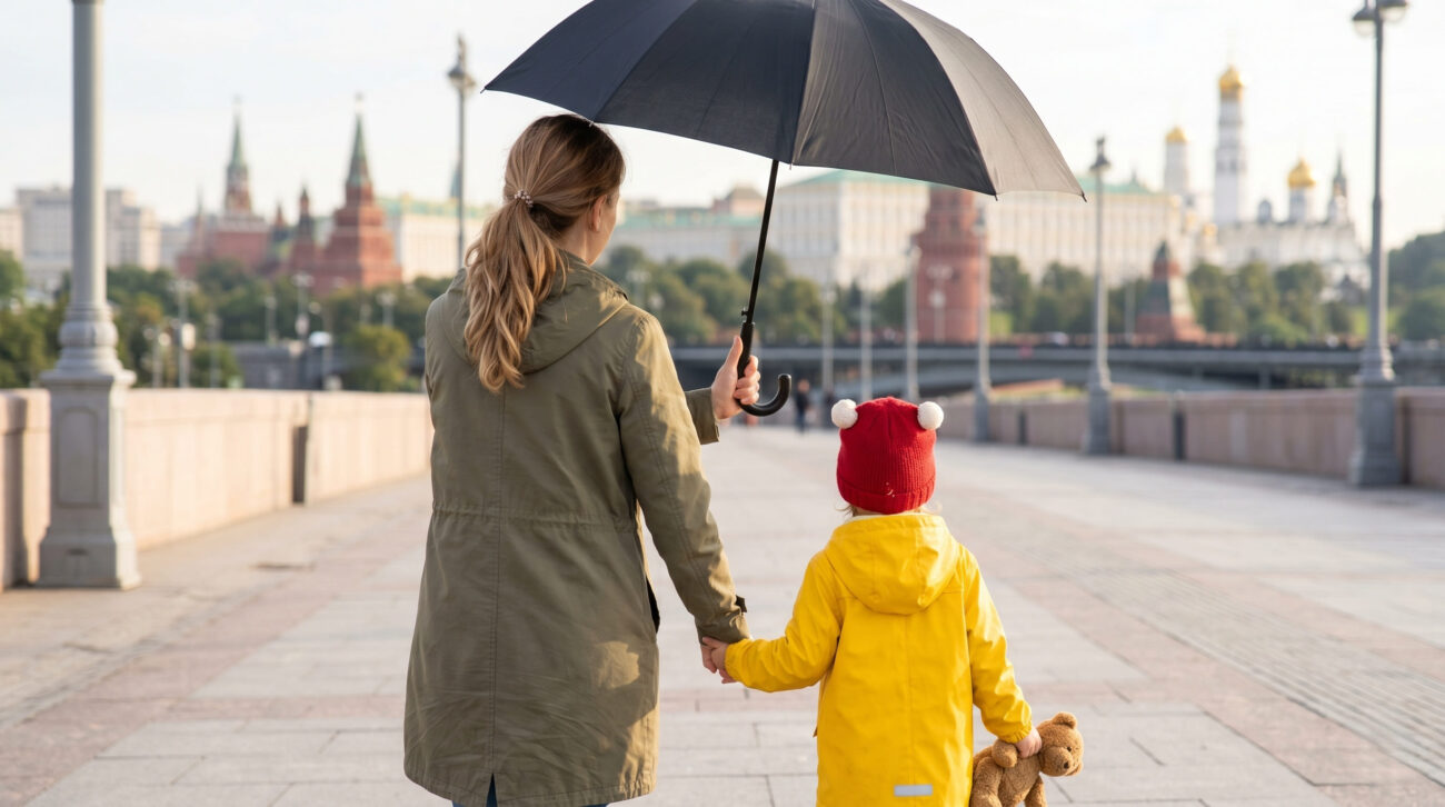 Вид со спины: мать и маленький ребенок идут по Патриаршему мосту в Москве под большим черным зонтом.