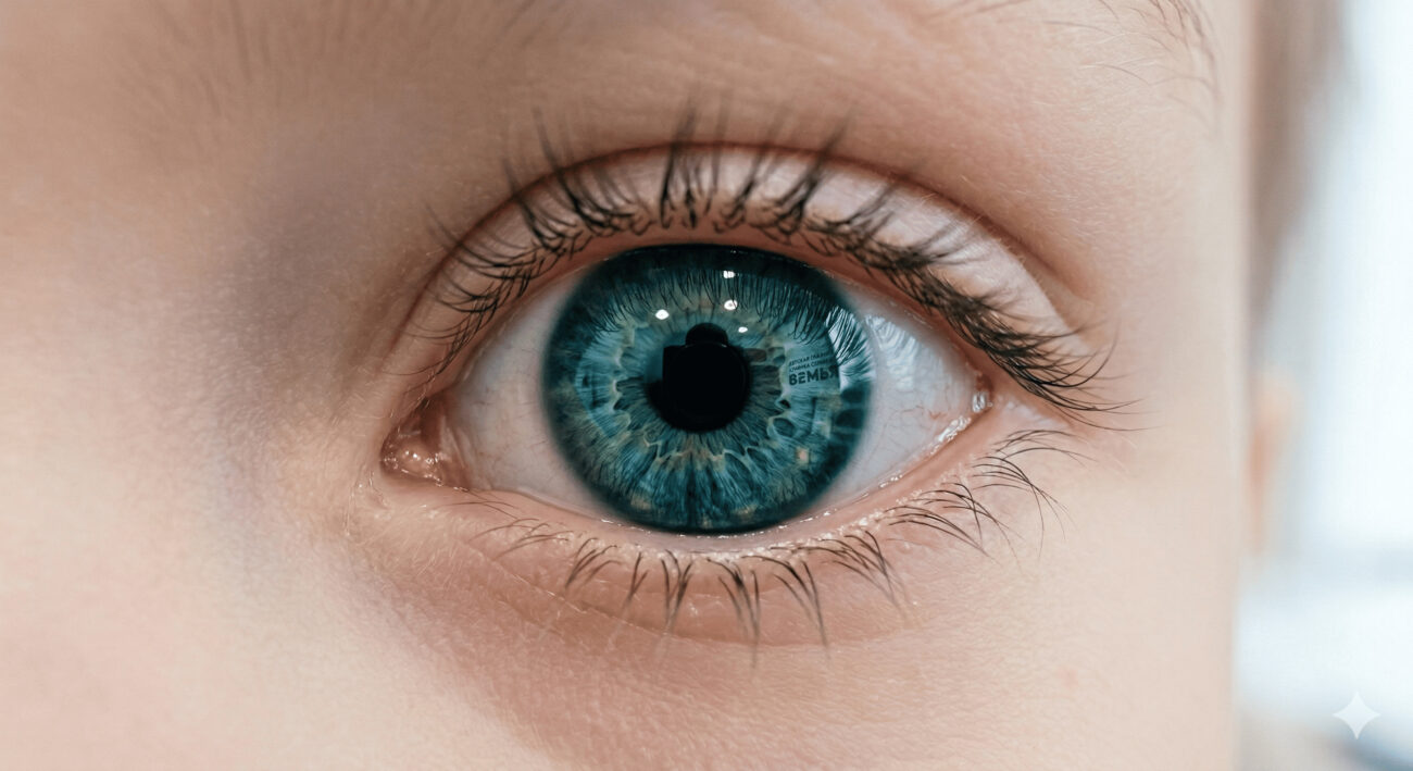 Крупный план детского глаза с сине-зеленой радужкой, в зрачке отражается интерьер офтальмологической клиники.