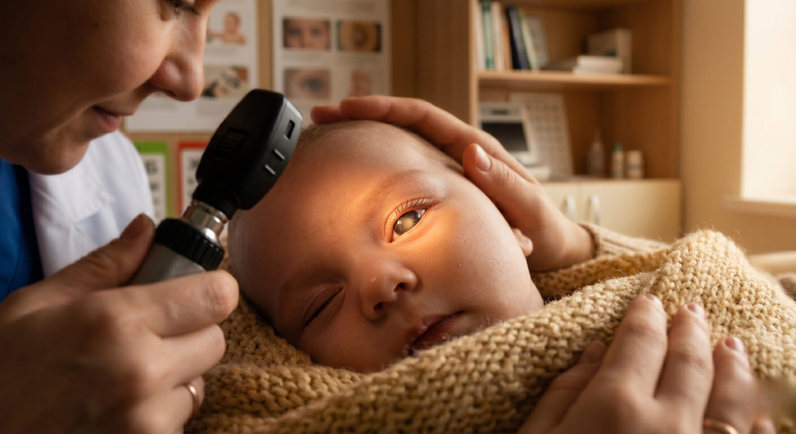 Крупный план глаз младенца при обследовании офтальмоскопом со светом.