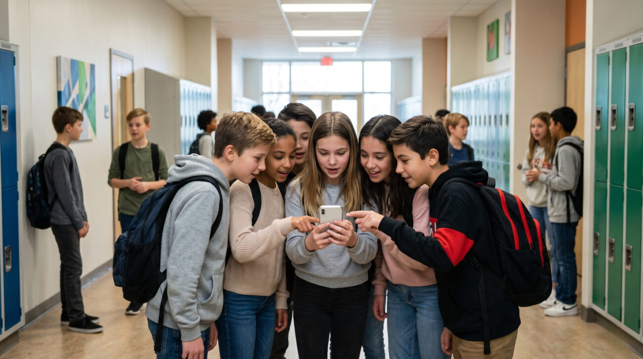 руппа школьников подростков столпилась в современном школьном коридоре и пристально смотрит в один экран смартфона.