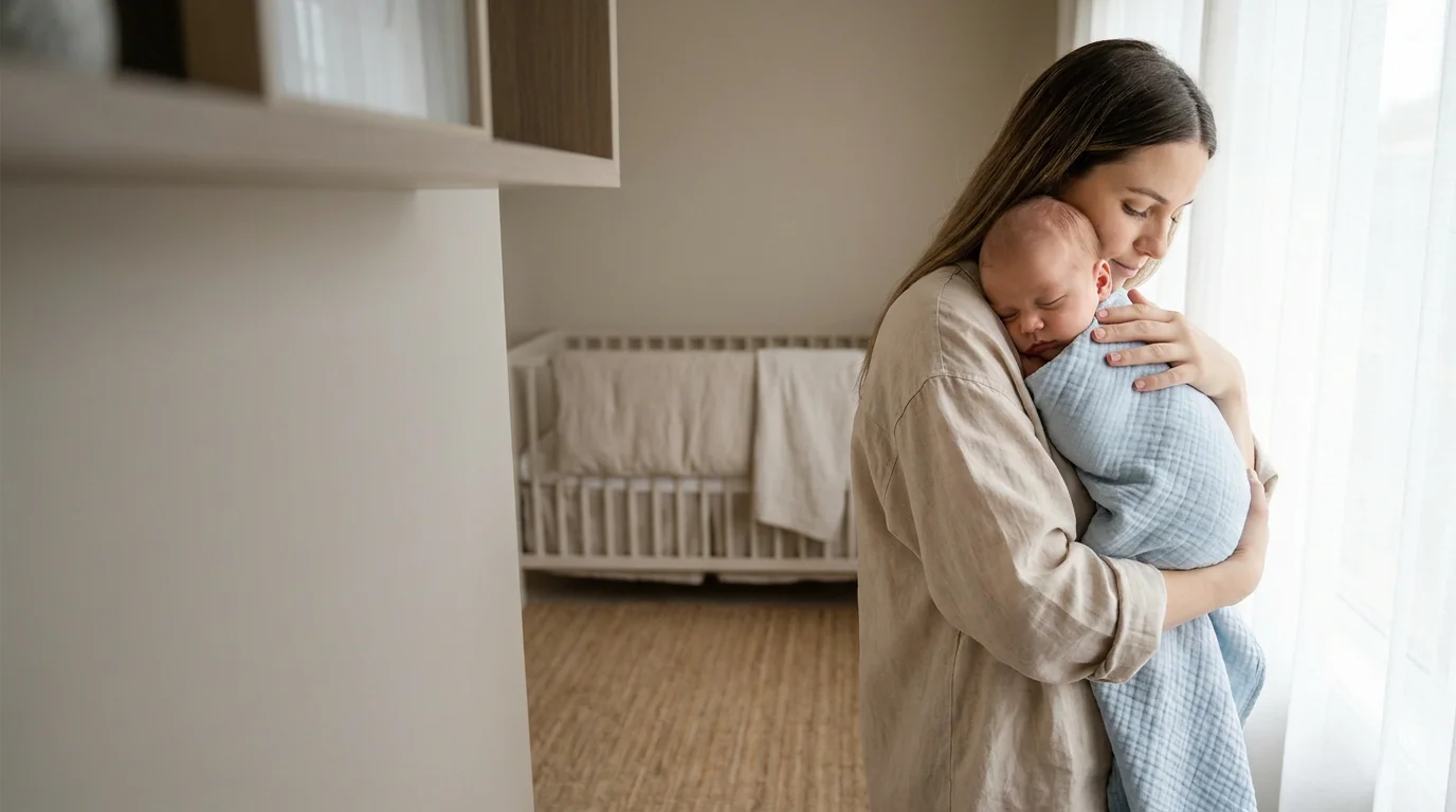 Мать держит на руках спящего младенца у окна